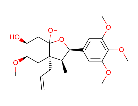 Molecular Structure of 142795-94-6 (6,7a(2H)-Benzofurandiol,hexahydro-5-methoxy-3-methyl-3a-(2-propenyl)-2-(3,4,5-trimethoxyphenyl)-,(2R,3S,3aR,5R,6R,7aS)-rel-(-)- (9CI))