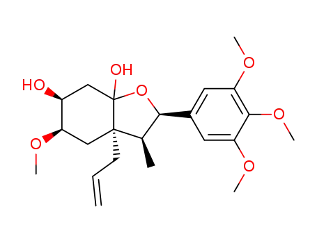 Molecular Structure of 142795-94-6 (6,7a(2H)-Benzofurandiol,hexahydro-5-methoxy-3-methyl-3a-(2-propenyl)-2-(3,4,5-trimethoxyphenyl)-,(2R,3S,3aR,5R,6R,7aS)-rel-(-)- (9CI))