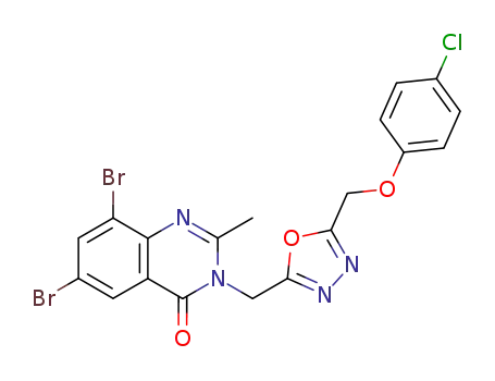 Molecular Structure of 106924-14-5 (6,8-dibromo-3-({5-[(4-chlorophenoxy)methyl]-1,3,4-oxadiazol-2-yl}methyl)-2-methylquinazolin-4(3H)-one)