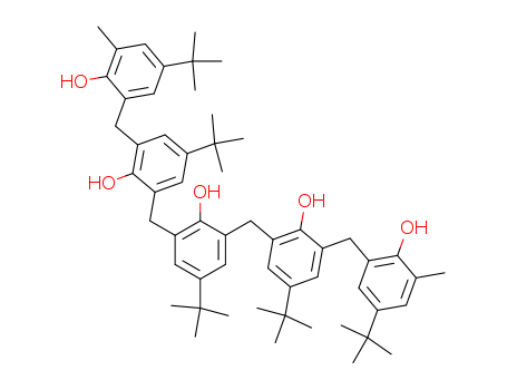 Molecular Structure of 137052-14-3 (Phenol,
4-(1,1-dimethylethyl)-2,6-bis[[5-(1,1-dimethylethyl)-3-[[5-(1,1-dimethyleth
yl)-2-hydroxy-3-methylphenyl]methyl]-2-hydroxyphenyl]methyl]-)