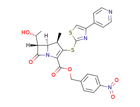 Molecular Structure of 161681-62-5 ((4R,5S,6S)-6-((R)-1-Hydroxy-ethyl)-4-methyl-7-oxo-3-(4-pyridin-4-yl-thiazol-2-ylsulfanyl)-1-aza-bicyclo[3.2.0]hept-2-ene-2-carboxylic acid 4-nitro-benzyl ester)