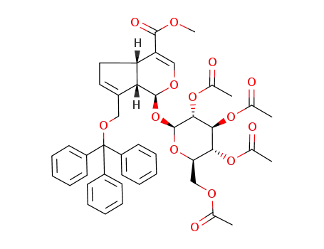 Molecular Structure of 265096-99-9 ((1S,4aS,7aS)-1-((2S,3R,4S,5R,6R)-3,4,5-Triacetoxy-6-acetoxymethyl-tetrahydro-pyran-2-yloxy)-7-trityloxymethyl-1,4a,5,7a-tetrahydro-cyclopenta[c]pyran-4-carboxylic acid methyl ester)
