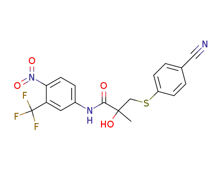 Molecular Structure of 90356-61-9 (Propanamide,
3-[(4-cyanophenyl)thio]-2-hydroxy-2-methyl-N-[4-nitro-3-(trifluoromethyl)
phenyl]-)