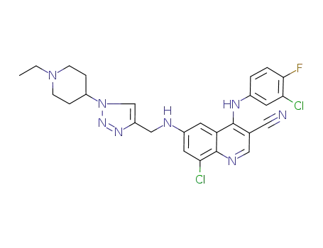 Molecular Structure of 915363-56-3 (8-Chloro-4-[(3-chloro-4-fluorophenyl)amino]-6-[[[1-(1-ethyl-4-piperidinyl)-1H-1,2,3-triazol-4-yl]methyl]amino]-3-Quinolinecarbonitrile)