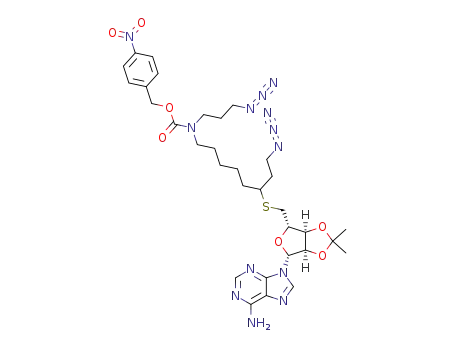 Molecular Structure of 120476-70-2 ({6-[(3aS,4S,6R,6aR)-6-(6-Amino-purin-9-yl)-2,2-dimethyl-tetrahydro-furo[3,4-d][1,3]dioxol-4-ylmethylsulfanyl]-8-azido-octyl}-(3-azido-propyl)-carbamic acid 4-nitro-benzyl ester)