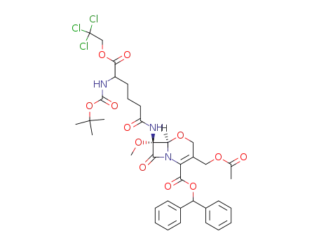 Molecular Structure of 77930-80-4 ((6R,7R)-3-Acetoxymethyl-7-[5-tert-butoxycarbonylamino-5-(2,2,2-trichloro-ethoxycarbonyl)-pentanoylamino]-7-methoxy-8-oxo-5-oxa-1-aza-bicyclo[4.2.0]oct-2-ene-2-carboxylic acid benzhydryl ester)