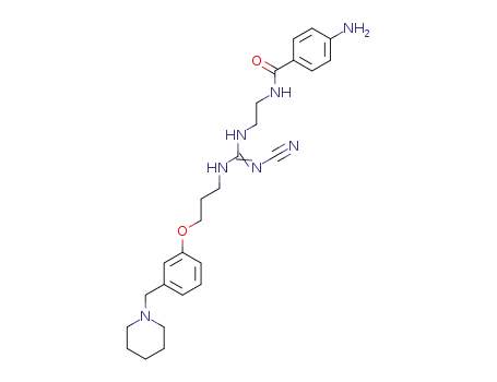 Molecular Structure of 140873-26-3 (4-AMINO-N-[2-[[(CYANOAMINO)[[3-[3-(1-PIPERIDINYLMETHYL)PHENOXY]PROPYL]IMINO]METHYL]AMINO]ETHYL]BENZAMIDE)