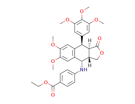 Molecular Structure of 138355-91-6 ((3aS-(3aalpha,4beta,9alpha,9abeta))-4-((1,3,3a,4,9,9a-Hexahydro-6,7-dimethoxy-1-oxo-9-(3,4,5-trimethoxyphenyl)naphtho(2,3-c)furan-4-yl)amino)benzoic acid, ethyl ester)