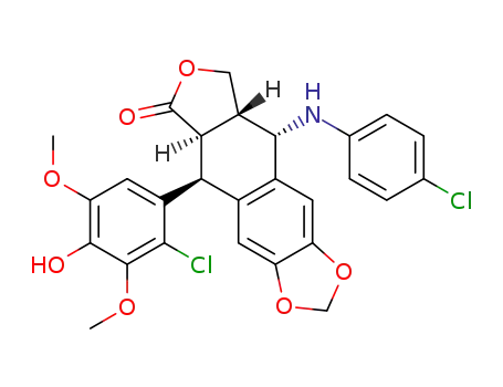 Molecular Structure of 138261-39-9 (Furo[3',4':6,7]naphtho[2,3-d]-1,3-dioxol-6(5aH)-one,5-(2-chloro-4-hydroxy-3,5-dimethoxyphenyl)-9-[(4-chlorophenyl)amino]-5,8,8a,9-tetrahydro-,[5S-(5a,5ab,8aa,9b)]- (9CI))