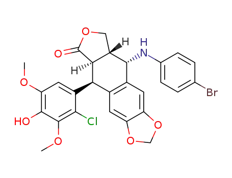 Molecular Structure of 138261-40-2 (Furo[3',4':6,7]naphtho[2,3-d]-1,3-dioxol-6(5aH)-one,9-[(4-bromophenyl)amino]-5-(2-chloro-4-hydroxy-3,5-dimethoxyphenyl)-5,8,8a,9-tetrahydro-, [5S-(5a,5ab,8aa,9b)]- (9CI))