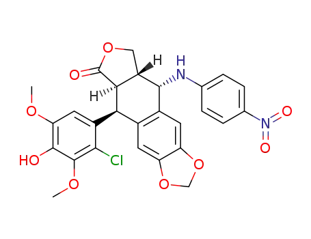 Molecular Structure of 138261-33-3 (Furo[3',4':6,7]naphtho[2,3-d]-1,3-dioxol-6(5aH)-one,5-(2-chloro-4-hydroxy-3,5-dimethoxyphenyl)-5,8,8a,9-tetrahydro-9-[(4-nitrophenyl)amino]-,[5S-(5a,5ab,8aa,9b)]- (9CI))