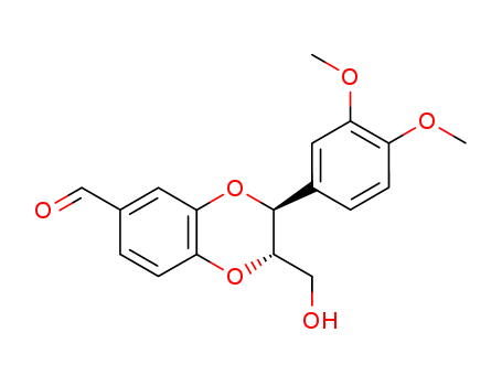 Molecular Structure of 121620-06-2 (1,4-Benzodioxin-6-carboxaldehyde,
3-(3,4-dimethoxyphenyl)-2,3-dihydro-2-(hydroxymethyl)-, trans-)