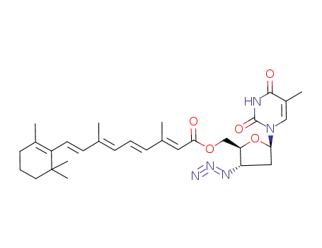 Molecular Structure of 125780-97-4 ([(2S,3S,5R)-3-azido-5-(5-methyl-2,4-dioxo-pyrimidin-1-yl)tetrahydrofuran-2-yl]methyl (2E,4E,6E,8E)-3,7-dimethyl-9-(2,6,6-trimethyl-1-cyclohexenyl)nona-2,4,6,8-tetraenoate)