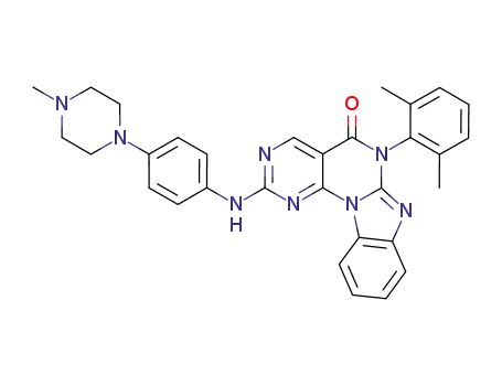 Molecular Structure of 847950-09-8 (Pyrimido[5',4':5,6]pyrimido[1,2-a]benzimidazol-5(6H)-one, 6-(2,6-dimethylphenyl)-2-[[4-(4-methyl-1-piperazinyl)phenyl]amino]-)