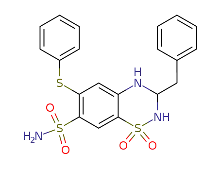 Molecular Structure of 34919-72-7 (3-benzyl-1,1-dioxo-6-phenylsulfanyl-1,2,3,4-tetrahydro-1λ<sup>6</sup>-benzo[1,2,4]thiadiazine-7-sulfonic acid amide)