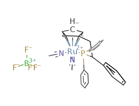 Molecular Structure of 721399-48-0 ([Ru(η5-C5H4CH2CH(Ph)-κ1P-PPh2)(acetonitrile)2]BF4)