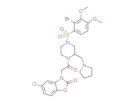 Molecular Structure of 1053179-86-4 (2(3H)-Benzoxazolone, 3-[2-[4-[(2-bromo-3,4-dimethoxyphenyl)sulfonyl]-2-(1-pyrrolidinylmethyl)-1-piperazinyl]-2-oxoethyl]-5-chloro-)