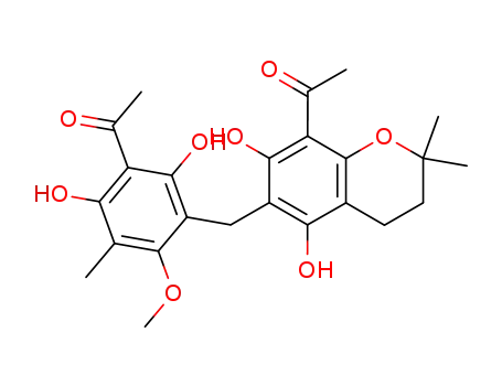 Molecular Structure of 126026-34-4 (Ethanone,1-[3-[(8-acetyl-3,4-dihydro-5,7-dihydroxy-2,2-dimethyl-2H-1-benzopyran-6-yl)methyl]-2,6-dihydroxy-4-methoxy-5-methylphenyl]-)