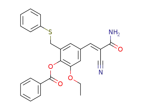 Molecular Structure of 107788-04-5 (4-[(1E)-3-amino-2-cyano-3-oxoprop-1-en-1-yl]-2-ethoxy-6-[(phenylsulfanyl)methyl]phenyl benzoate)
