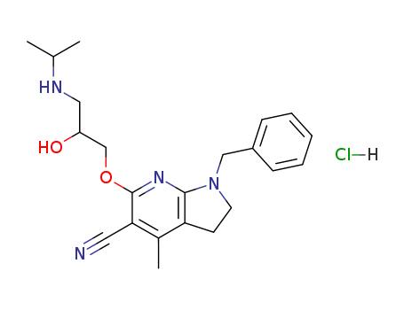 Molecular Structure of 106000-74-2 (1H-Pyrrolo[2,3-b]pyridine-5-carbonitrile,
2,3-dihydro-6-[2-hydroxy-3-[(1-methylethyl)amino]propoxy]-4-methyl-1-(
phenylmethyl)-, monohydrochloride)