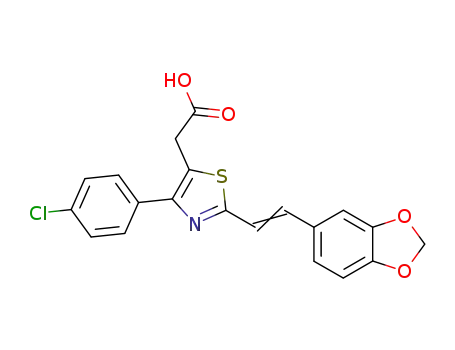 Molecular Structure of 116759-26-3 ({2-[(E)-2-(1,3-benzodioxol-5-yl)ethenyl]-4-(4-chlorophenyl)-1,3-thiazol-5-yl}acetic acid)