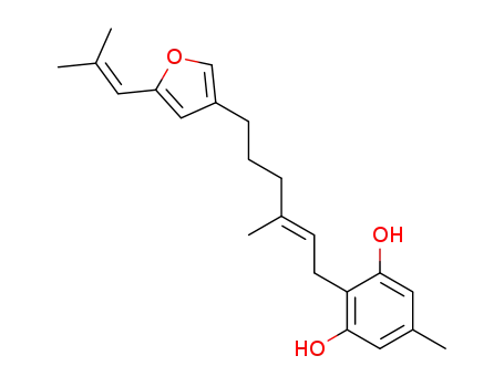 Molecular Structure of 80565-14-6 (1,3-Benzenediol,5-methyl-2-[(2E)-3-methyl-6-[5-(2-methyl-1-propen-1-yl)-3-furanyl]-2-hexen-1-yl]-)