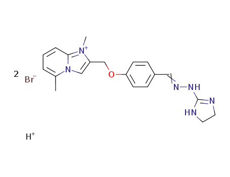 Molecular Structure of 123509-50-2 (2-[(4-{(E)-[2-(4,5-dihydro-1H-imidazol-2-yl)hydrazinylidene]methyl}phenoxy)methyl]-1,5-dimethyl-1H-imidazo[1,2-a]pyridin-4-ium bromide hydrobromide (1:1:1))