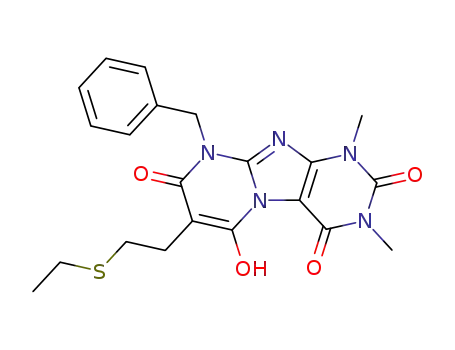 Molecular Structure of 102212-66-8 (Pyrimido[2,1-f]purine-2,4,8(1H,3H,9H)-trione,  7-[2-(ethylthio)ethyl]-6-hydroxy-1,3-dimethyl-9-(phenylmethyl)-)