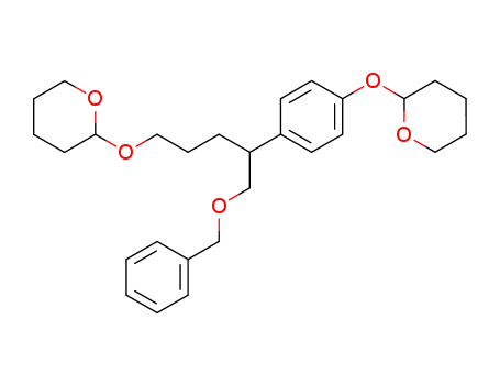 Molecular Structure of 94194-07-7 (2H-Pyran,
tetrahydro-2-[4-[1-[(phenylmethoxy)methyl]-4-[(tetrahydro-2H-pyran-2-yl)
oxy]butyl]phenoxy]-)