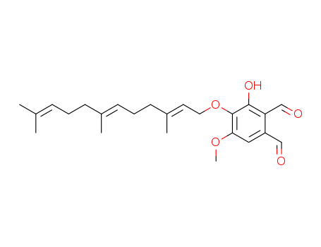 2102-72-9,asperugin,1,2-Benzenedicarboxaldehyde,3-hydroxy-5-methoxy-4-[(3,7,11-trimethyl-2,6,10-dodecatrienyl)oxy]-, (E,E)-;Asperugin (7CI); Phthalaldehyde,3-hydroxy-5-methoxy-4-[(3,7,11-trimethyl-2,6,10-dodecatrienyl)oxy]-, (E,E)-(8CI)