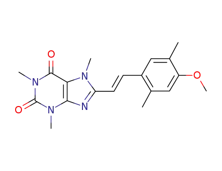 Molecular Structure of 155814-34-9 (8-[(E)-2-(4-methoxy-2,5-dimethylphenyl)ethenyl]-1,3,7-trimethyl-3,7-dihydro-1H-purine-2,6-dione)