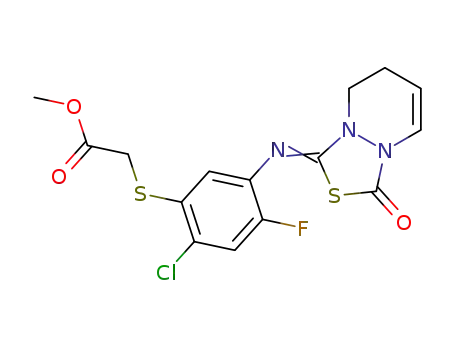 Molecular Structure of 121027-37-0 (Acetic acid,2-[[2-chloro-5-[(7,8-dihydro-3-oxo-1H,3H-[1,3,4]thiadiazolo[3,4-a]pyridazin-1-ylidene)amino]-4-fluorophenyl]thio]-,methyl ester)