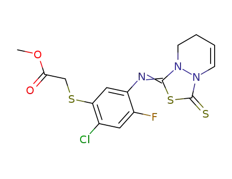 Molecular Structure of 121027-38-1 (Acetic acid,2-[[2-chloro-5-[(7,8-dihydro-3-thioxo-1H,3H-[1,3,4]thiadiazolo[3,4-a]pyridazin-1-ylidene)amino]-4-fluorophenyl]thio]-,methyl ester)