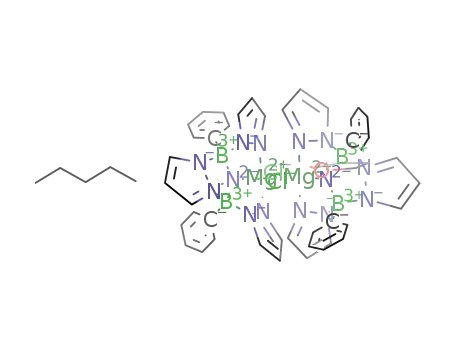 Molecular Structure of 1220508-55-3 (Mg2(μ-Cl)2(tetrahydrofuran)[Ph(pyrazol-1-yl)B(μ-N(Me))(μ-pyrazol-1-yl)B(pyrazol-1-yl)Ph]2*pentane)