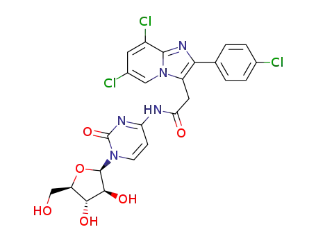 Molecular Structure of 1257411-84-9 (2-(6,8-dichloro-2-(4-chlorophenyl)imidazo[1,2-a]pyridin-3-yl)-N-(1-((2R,3S,4S,5R)-3,4-dihydroxy-5-(hydroxymethyl)tetrahydrofuran-2-yl)-2-oxo-1,2-dihydropyrimidin-4-yl)acetamide)
