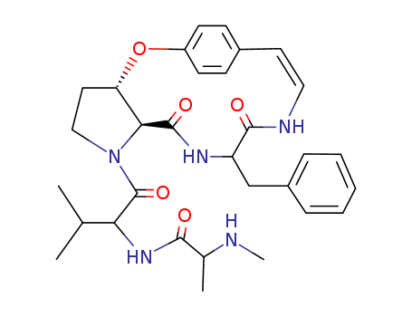 55609-23-9,Propanamide,2-(methylamino)-N-[(1S)-2- methyl-1-[[(3aS,13S,15aS)-3,3a,11,12,13,14,- 15,15a-octahydro-12,15-dioxo-13-(phenylmethyl)- 5,8-ethenopyrrolo[3,2-b][1,5,8]oxadiazacyclotetradecin- 1(2H)-yl]carbonyl]propyl]- ,(2S)- ,