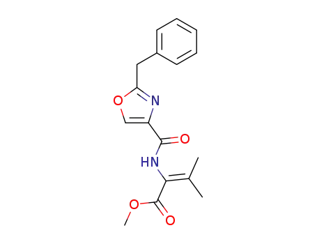 Molecular Structure of 59416-75-0 (2-Butenoic acid,
3-methyl-2-[[[2-(phenylmethyl)-4-oxazolyl]carbonyl]amino]-, methyl ester)