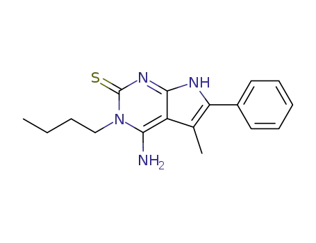Molecular Structure of 139356-62-0 (2H-Pyrrolo[2,3-d]pyrimidine-2-thione,
4-amino-3-butyl-1,3-dihydro-5-methyl-6-phenyl-)