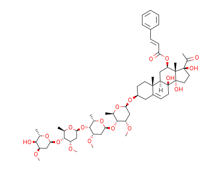 Molecular Structure of 100802-91-3 (Pregn-5-en-20-one,3-[(O-2,6-dideoxy-3-O-methyl-a-L-ribo-hexopyranosyl-(1®4)-O-2,6-dideoxy-3-O-methyl-b-D-ribo-hexopyranosyl-(1®4)-O-2,6-dideoxy-3-O-methyl-a-L-lyxo-hexopyranosyl-(1®4)-2,6-dideoxy-3-O-methyl-b-D-ribo-hexopyranosyl)oxy]-8,14,17-trihydroxy-12-[[(2E)-1-oxo-3-phenyl-2-propen-1-yl]oxy]-,(3b,12b,14b,17a)-)