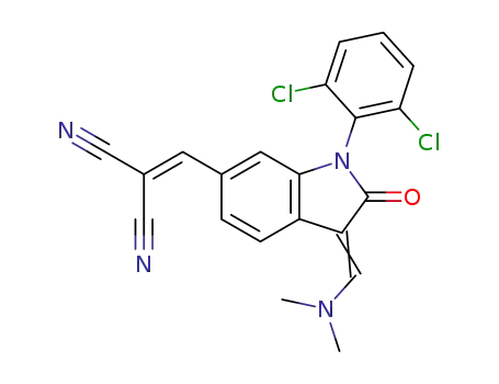 Molecular Structure of 110345-23-8 (({(3E)-1-(2,6-dichlorophenyl)-3-[(dimethylamino)methylidene]-2-oxo-2,3-dihydro-1H-indol-6-yl}methylidene)propanedinitrile)