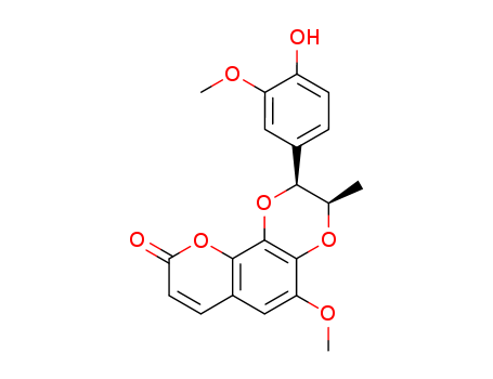 Molecular Structure of 118141-23-4 (9H-Pyrano[2,3-f]-1,4-benzodioxin-9-one,2,3-dihydro-2-(4-hydroxy-3-methoxyphenyl)-5-methoxy-3-methyl-)