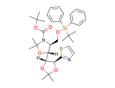 Molecular Structure of 138319-94-5 ((4S,5R)-4-(tert-Butyl-diphenyl-silanyloxymethyl)-5-((4R,5S)-2,2-dimethyl-5-thiazol-2-yl-[1,3]dioxolan-4-yl)-2,2-dimethyl-oxazolidine-3-carboxylic acid tert-butyl ester)