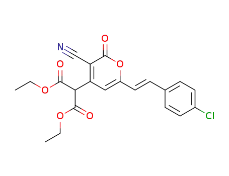 Molecular Structure of 94835-77-5 (Propanedioic acid,
[6-[2-(4-chlorophenyl)ethenyl]-3-cyano-2-oxo-2H-pyran-4-yl]-, diethyl
ester)