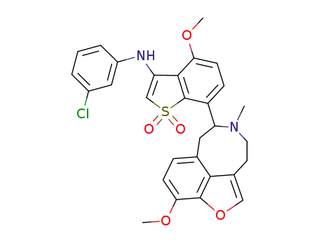 Molecular Structure of 155857-42-4 (N-(3-chlorophenyl)-4-methoxy-7-(3-methoxy-8-methyl-8,9,10,10a-tetrahydro-7H-furo[4,3,2-fg][3]benzazocin-7-yl)-1-benzothiophen-3-amine 1,1-dioxide)