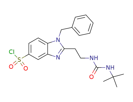 Molecular Structure of 872590-08-4 (1H-Benzimidazole-5-sulfonyl chloride,
2-[2-[[[(1,1-dimethylethyl)amino]carbonyl]amino]ethyl]-1-(phenylmethyl)-)