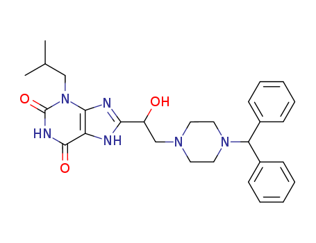 110480-53-0,8-{2-[4-(diphenylmethyl)piperazin-1-yl]-1-hydroxyethyl}-3-(2-methylpropyl)-3,7-dihydro-1H-purine-2,6-dione,1H-Purine-2,6-dione,8-[2-[4-(diphenylmethyl)-1-piperazinyl]-1-hydroxyethyl]-3,7-dihydro-3-(2-methylpropyl)-(9CI)