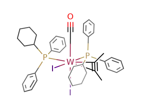 Molecular Structure of 123863-47-8 (bis(PPh2Cy)(η2-but-2-yne)carbonyldi-iodotungsten)