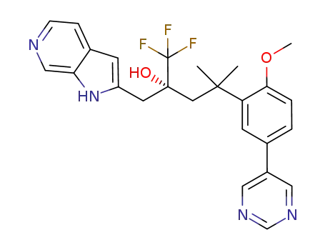 Molecular Structure of 1245527-15-4 (1H-Pyrrolo[2,3-c]pyridine-2-ethanol, α-[2-[2-methoxy-5-(5-pyrimidinyl)phenyl]-2-methylpropyl]-α-(trifluoromethyl)-, (αR)-)