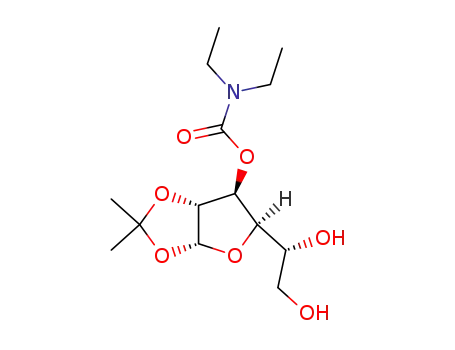 Molecular Structure of 187929-94-8 (Diethyl-carbamic acid (3aR,5R,6S,6aR)-5-((R)-1,2-dihydroxy-ethyl)-2,2-dimethyl-tetrahydro-furo[2,3-d][1,3]dioxol-6-yl ester)