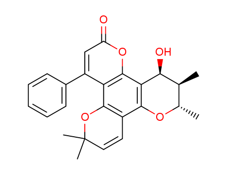 65025-62-9,soulattrolide,2H,6H,10H-Benzo[1,2-b:3,4-b':5,6-b'']tripyran-2-one,11,12-dihydro-12-hydroxy-6,6,10,11-tetramethyl-4-phenyl-, [10S-(10a,11b,12b)]-; (-)-Inophyllum P; (-)-Soulattrolide; Soulattrolide